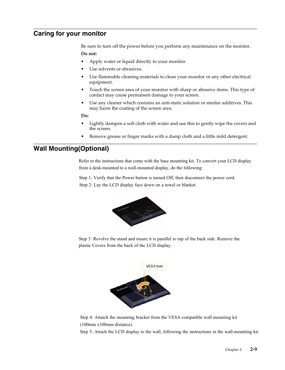 Caring for your monitor, Detaching the monitor stand, Caring for your monitor -9 | Vesa mount using guide, Wall mounting(optional) | Lenovo L2361p Wide Flat Panel Monitor User Manual | Page 21 / 33