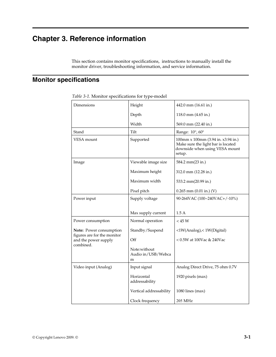 Chapter 3. reference information, Monitor specifications, Chapter 3. reference information -1 | Monitor specifications -1 | Lenovo L2361p Wide Flat Panel Monitor User Manual | Page 22 / 33
