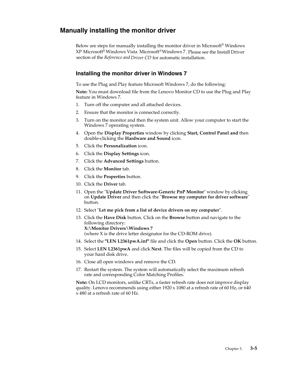 Manually installing the monitor driver, Installing the monitor driver in windows vista, Manually installing the monitor driver -5 | Installing the monitor driver in windows 7 -5 | Lenovo L2361p Wide Flat Panel Monitor User Manual | Page 26 / 33