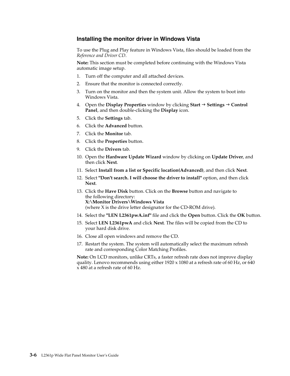 Installing the monitor driver in windows xp, Installing the monitor driver in windows vista | Lenovo L2361p Wide Flat Panel Monitor User Manual | Page 27 / 33
