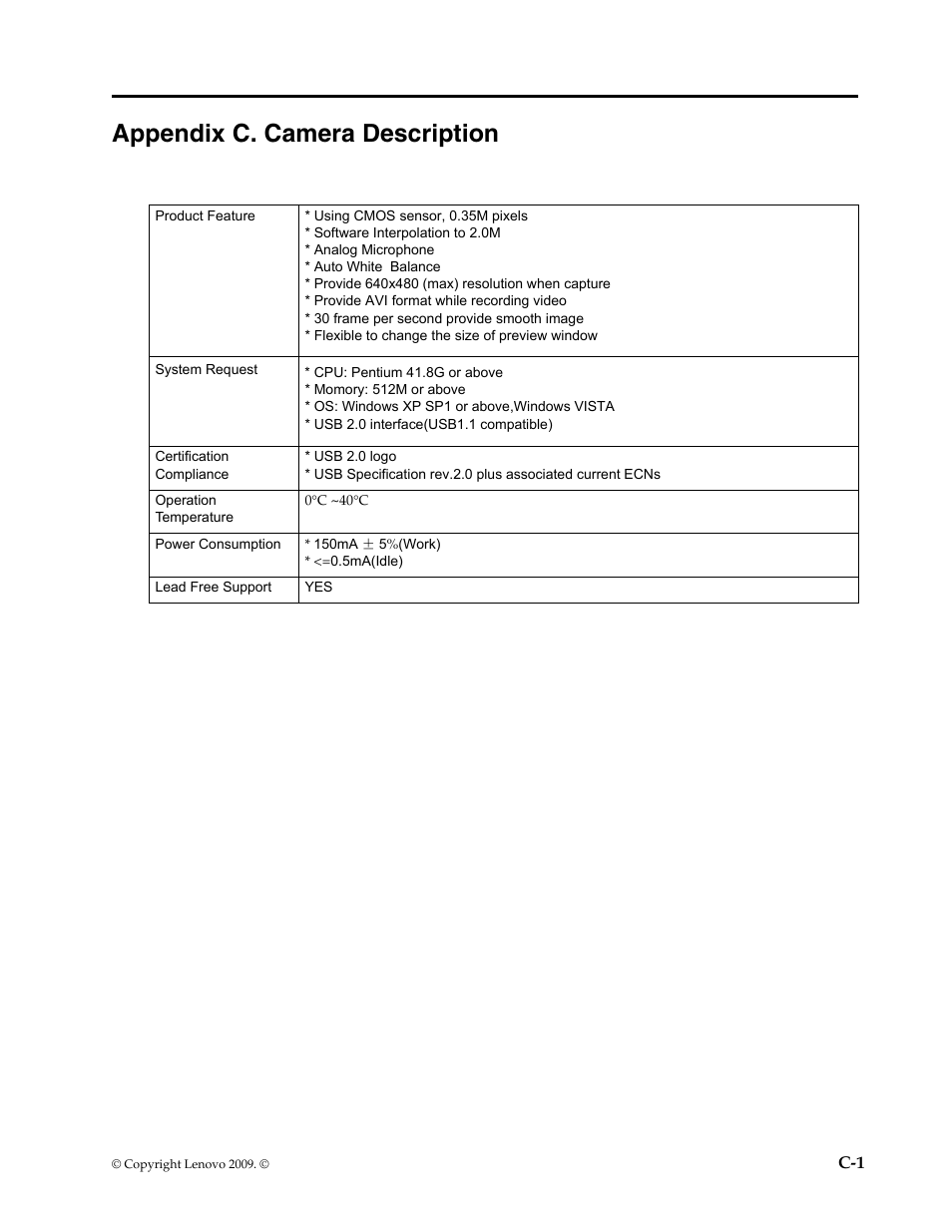 Appendix c. camera description, Using cmos sensor, 0.35m pixels, Software interpolation to 2.0m | Analog microphone, Auto white balance, Provide 1920x1080 (max) resolution when capture, Provide avi format while recording video, 30 frame per second provide smooht image, Flexible to change the size of preview window, Auto detect outdoor light environment | Lenovo L2361p Wide Flat Panel Monitor User Manual | Page 32 / 33