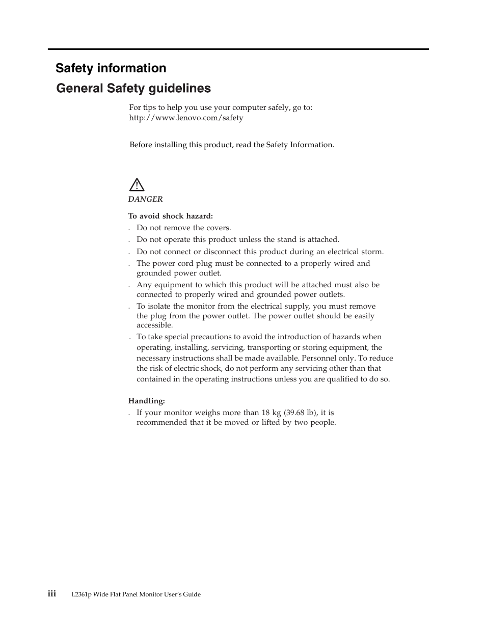 Safety information | Lenovo L2361p Wide Flat Panel Monitor User Manual | Page 4 / 33