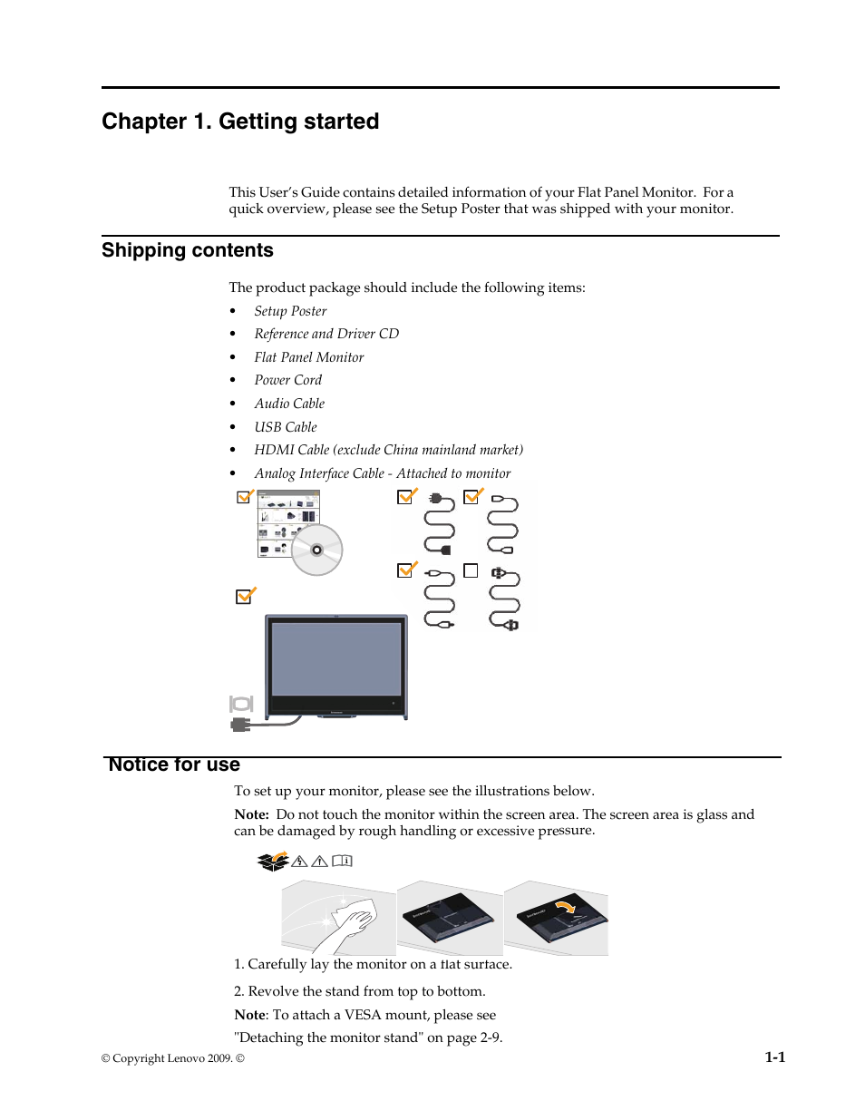 Chapter 1. getting started, Shipping contents, Attaching the base and handling your monitor | Chapter1. getting started -1, Shipping contents -1, Noticet for use, Notice for use | Lenovo L2361p Wide Flat Panel Monitor User Manual | Page 5 / 33