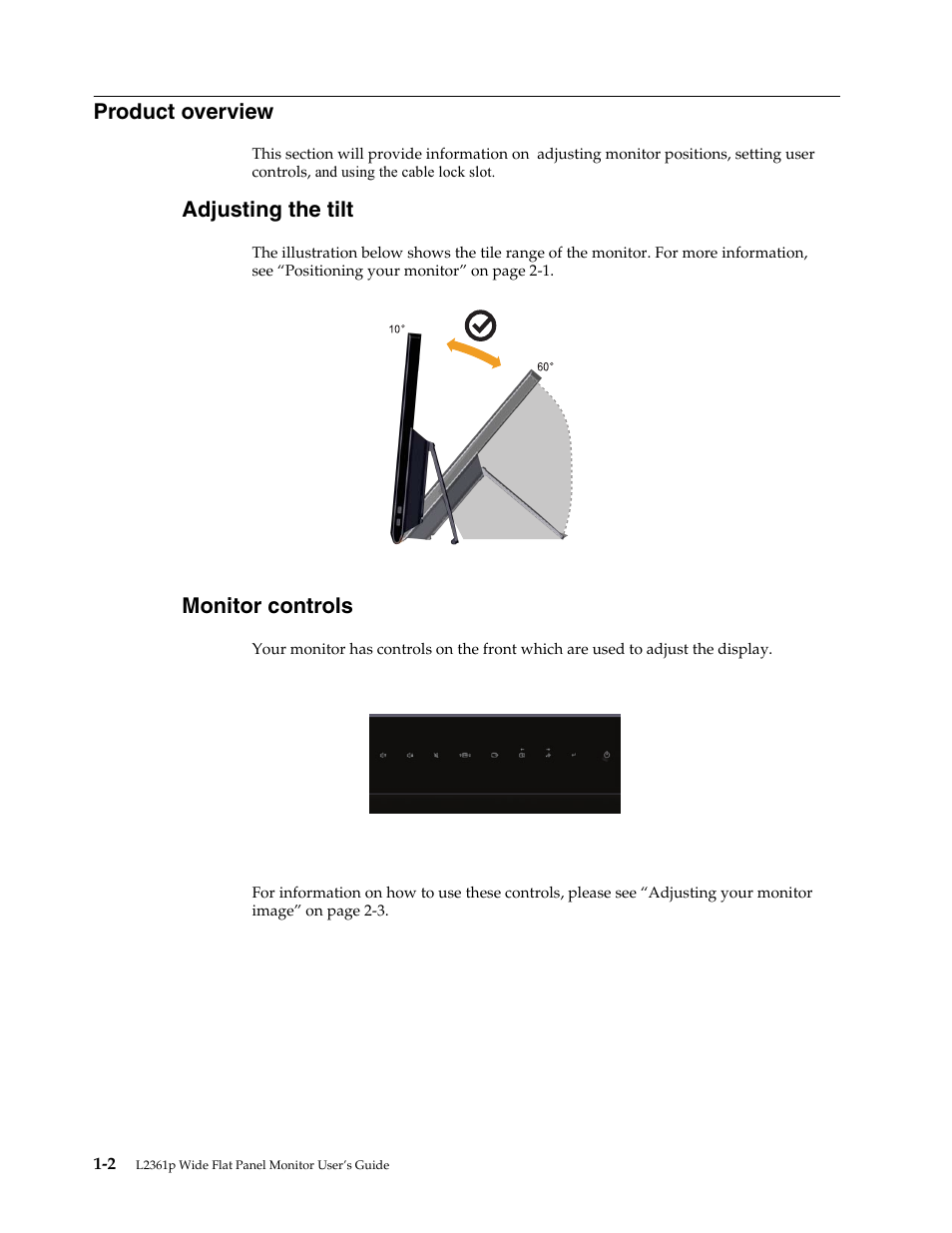 Product overview, Adjusting the tilt, Swivel | Monitor controls, Monitor controls -2, Cable lock slot -3, Adjusting the tilt -2 | Lenovo L2361p Wide Flat Panel Monitor User Manual | Page 6 / 33