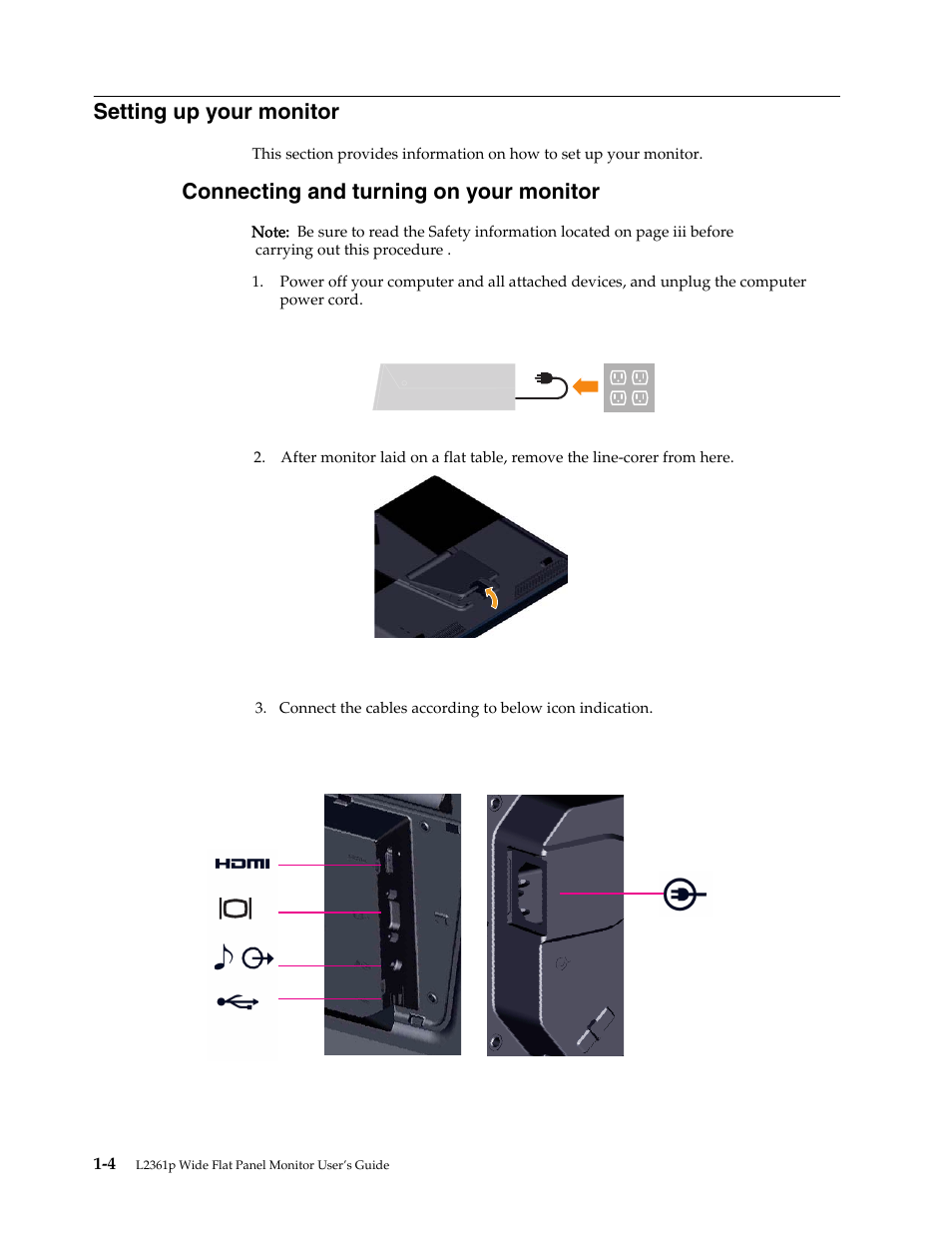 Setting up your monitor, Connecting and turning on your monitor, Connecting and turning on your monitor -4 | Lenovo L2361p Wide Flat Panel Monitor User Manual | Page 8 / 33