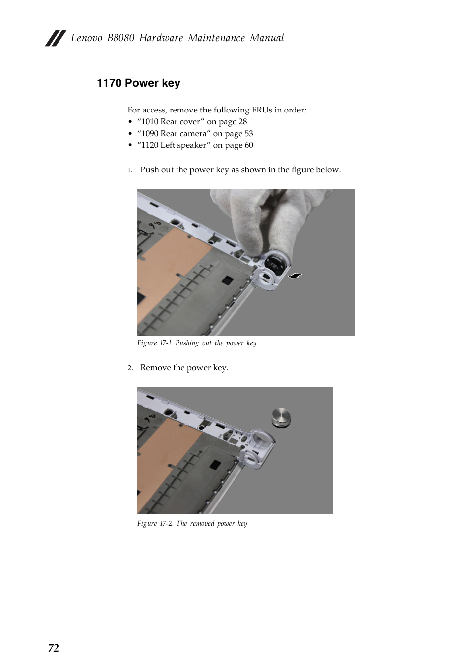 1170 power key, Lenovo b8080 hardware maintenance manual | Lenovo Yoga Tablet 10 HD+ B8080 User Manual | Page 76 / 85