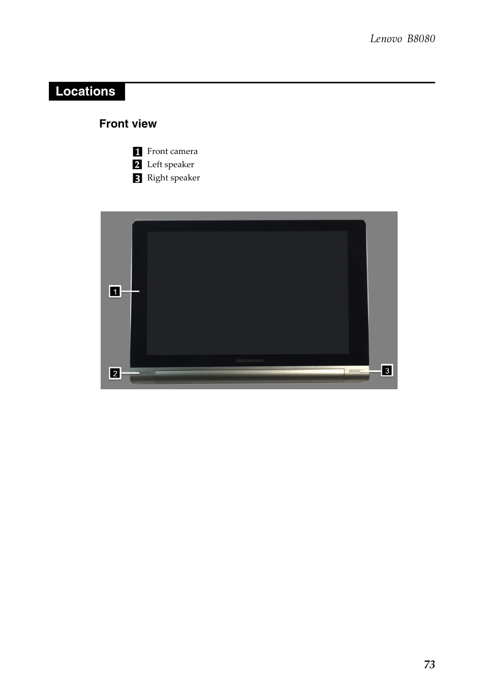 Locations, Front view, Lenovo b8080 locations | Lenovo Yoga Tablet 10 HD+ B8080 User Manual | Page 77 / 85