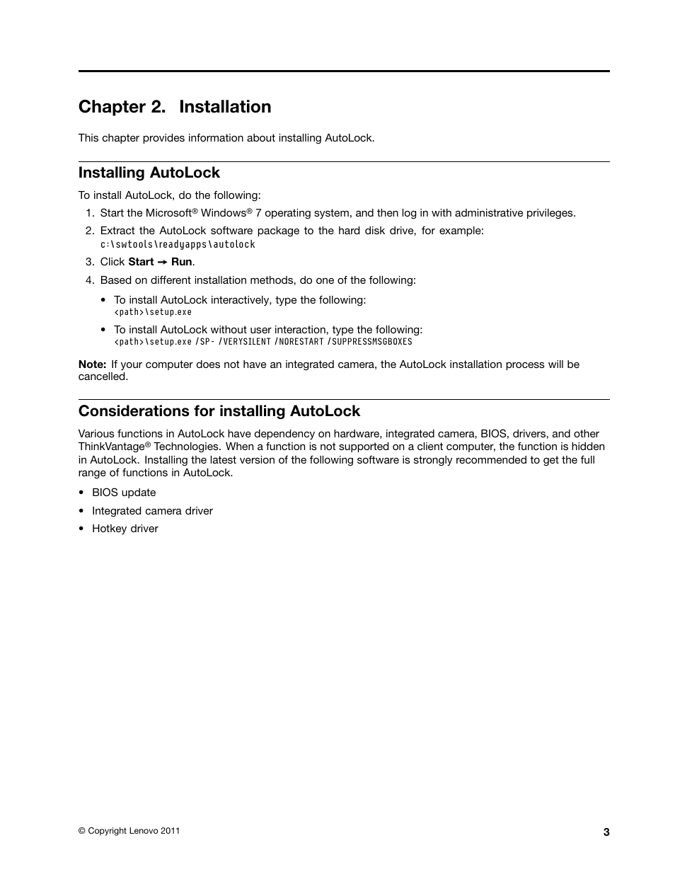 Chapter 2. installation, Installing autolock, Considerations for installing autolock | Lenovo ThinkPad L421 User Manual | Page 11 / 18