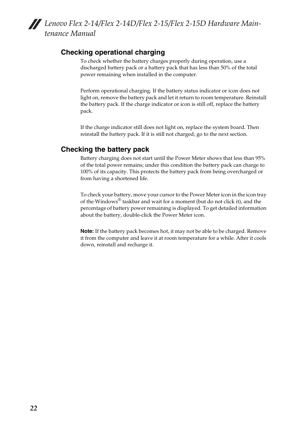 Checking operational charging, Checking the battery pack, 22 checking operational charging | Lenovo Flex 2-15D Notebook Lenovo User Manual | Page 26 / 109