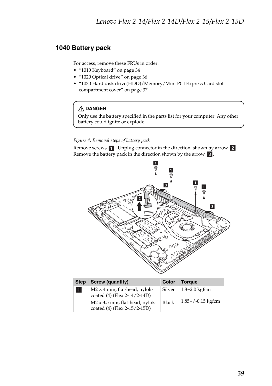 1040 battery pack | Lenovo Flex 2-15D Notebook Lenovo User Manual | Page 43 / 109