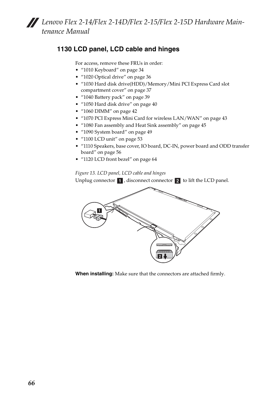 1130 lcd panel, lcd cable and hinges | Lenovo Flex 2-15D Notebook Lenovo User Manual | Page 70 / 109