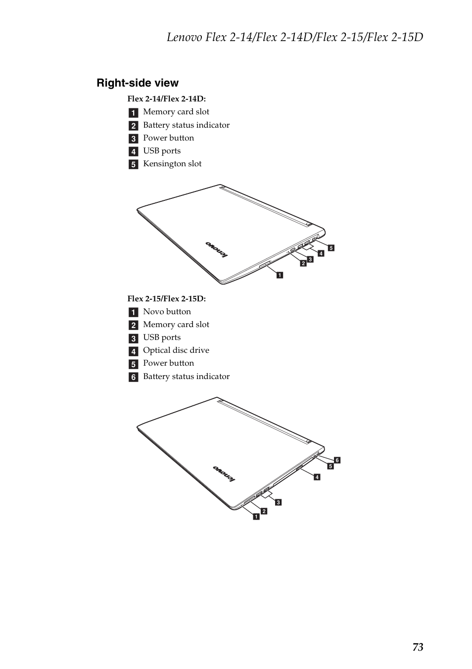 Right-side view, 73 right-side view | Lenovo Flex 2-15D Notebook Lenovo User Manual | Page 77 / 109