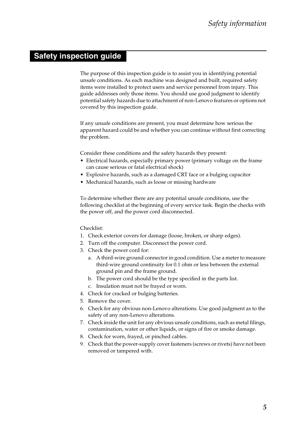 Safety inspection guide, Safety information | Lenovo Flex 2-15D Notebook Lenovo User Manual | Page 9 / 109