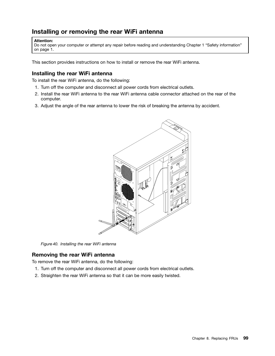 Installing or removing the rear wifi antenna | Lenovo M5800 Desktop User Manual | Page 105 / 120