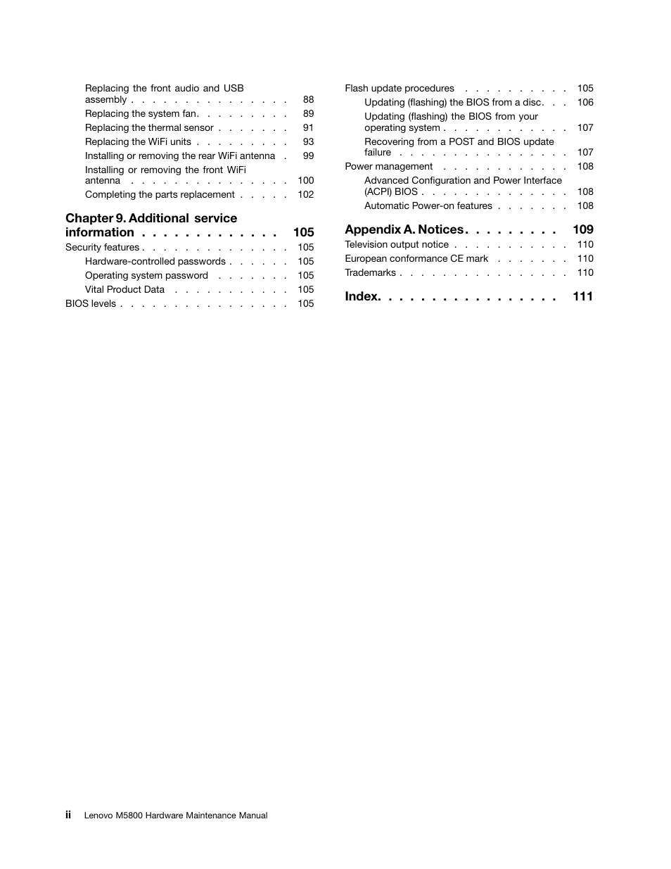 Chapter 9. additional service information, Appendix a. notices, Index | Lenovo M5800 Desktop User Manual | Page 4 / 120