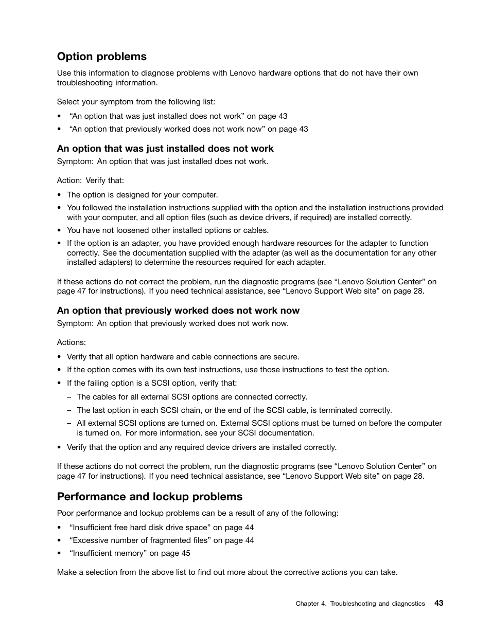 Option problems, Performance and lockup problems | Lenovo M5800 Desktop User Manual | Page 49 / 120