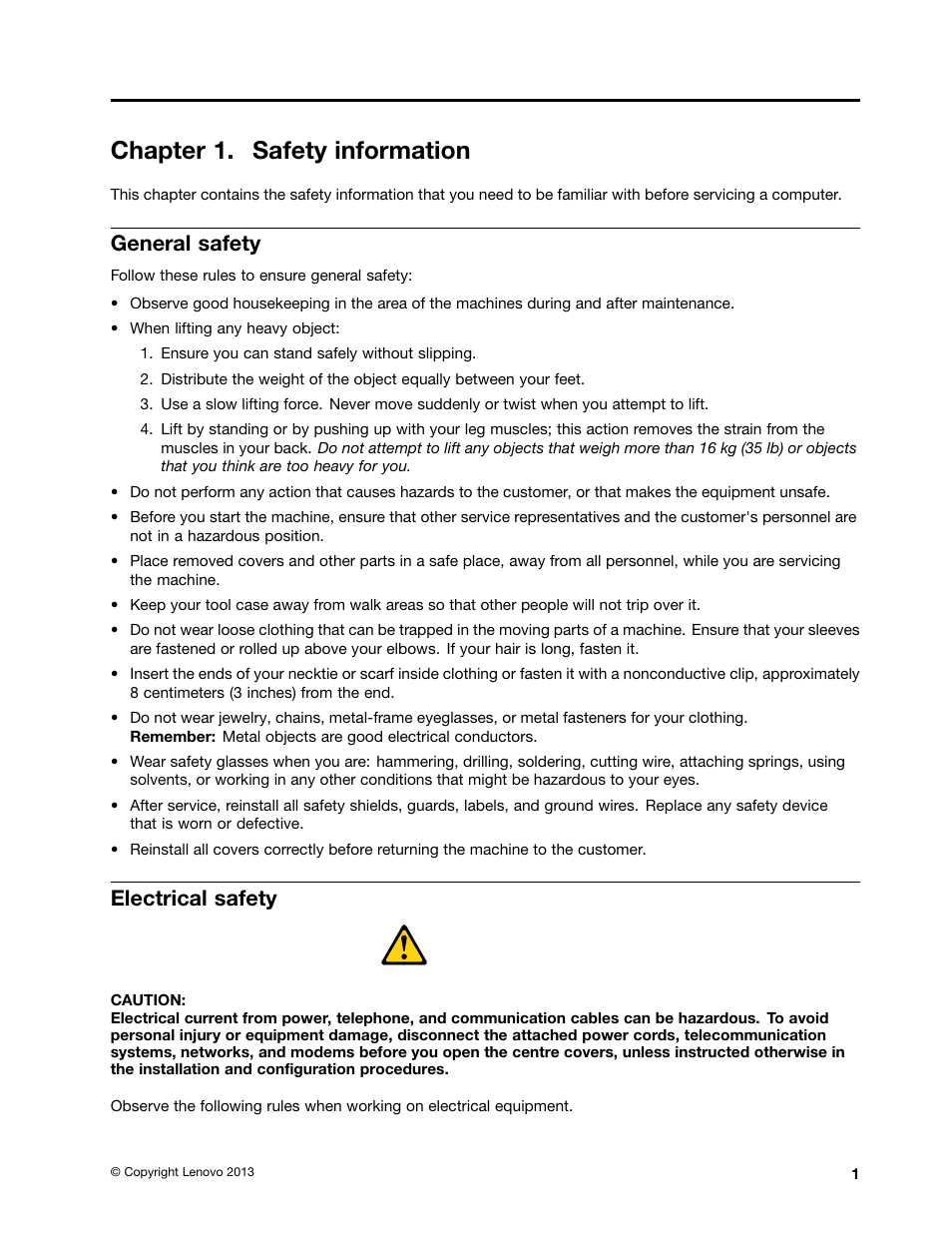 Chapter 1. safety information, General safety, Electrical safety | Lenovo M5800 Desktop User Manual | Page 7 / 120