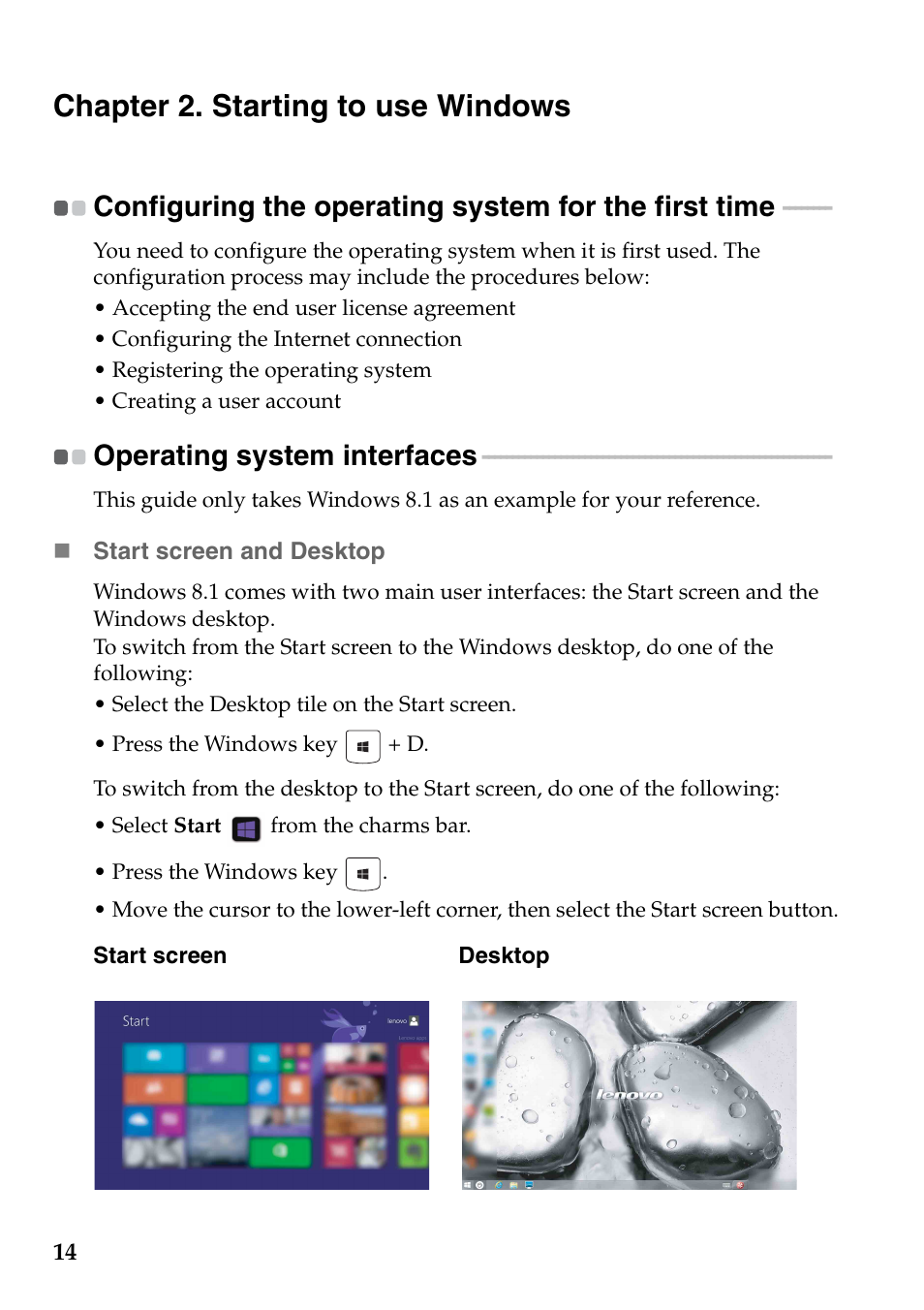 Chapter 2. starting to use windows, Operating system interfaces | Lenovo E10-30 User Manual | Page 18 / 42