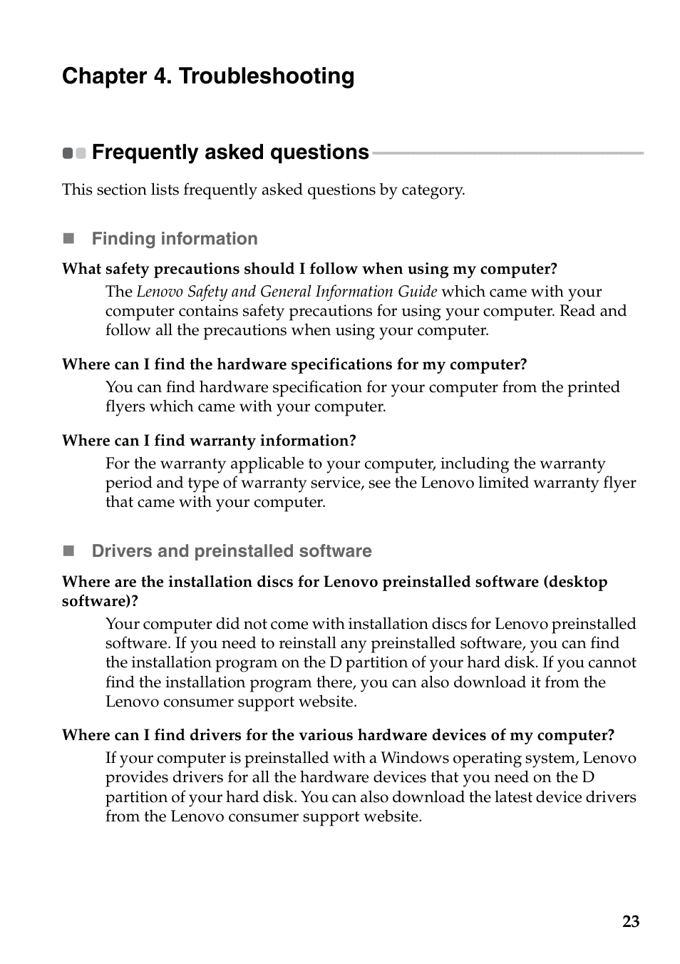 Chapter 4. troubleshooting, Frequently asked questions | Lenovo E10-30 User Manual | Page 27 / 42
