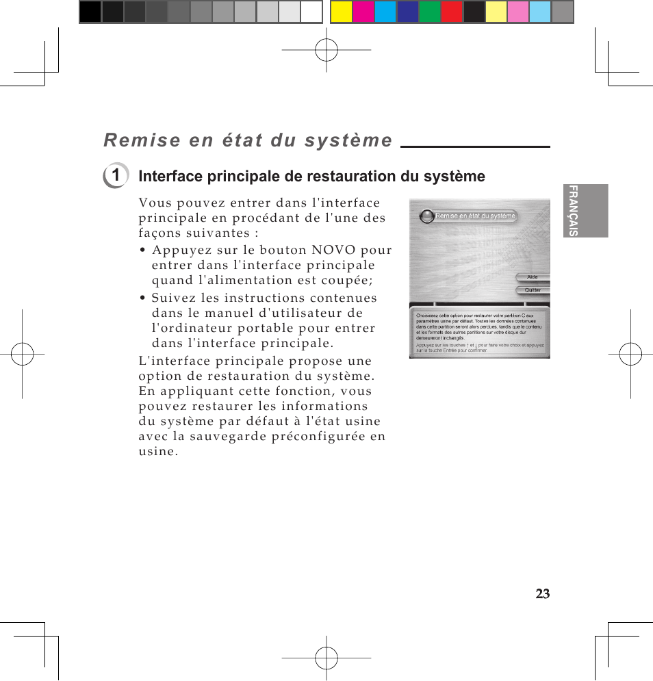 Remise en état du système, Interface principale de restauration du système | Lenovo IdeaPad U110 User Manual | Page 27 / 62