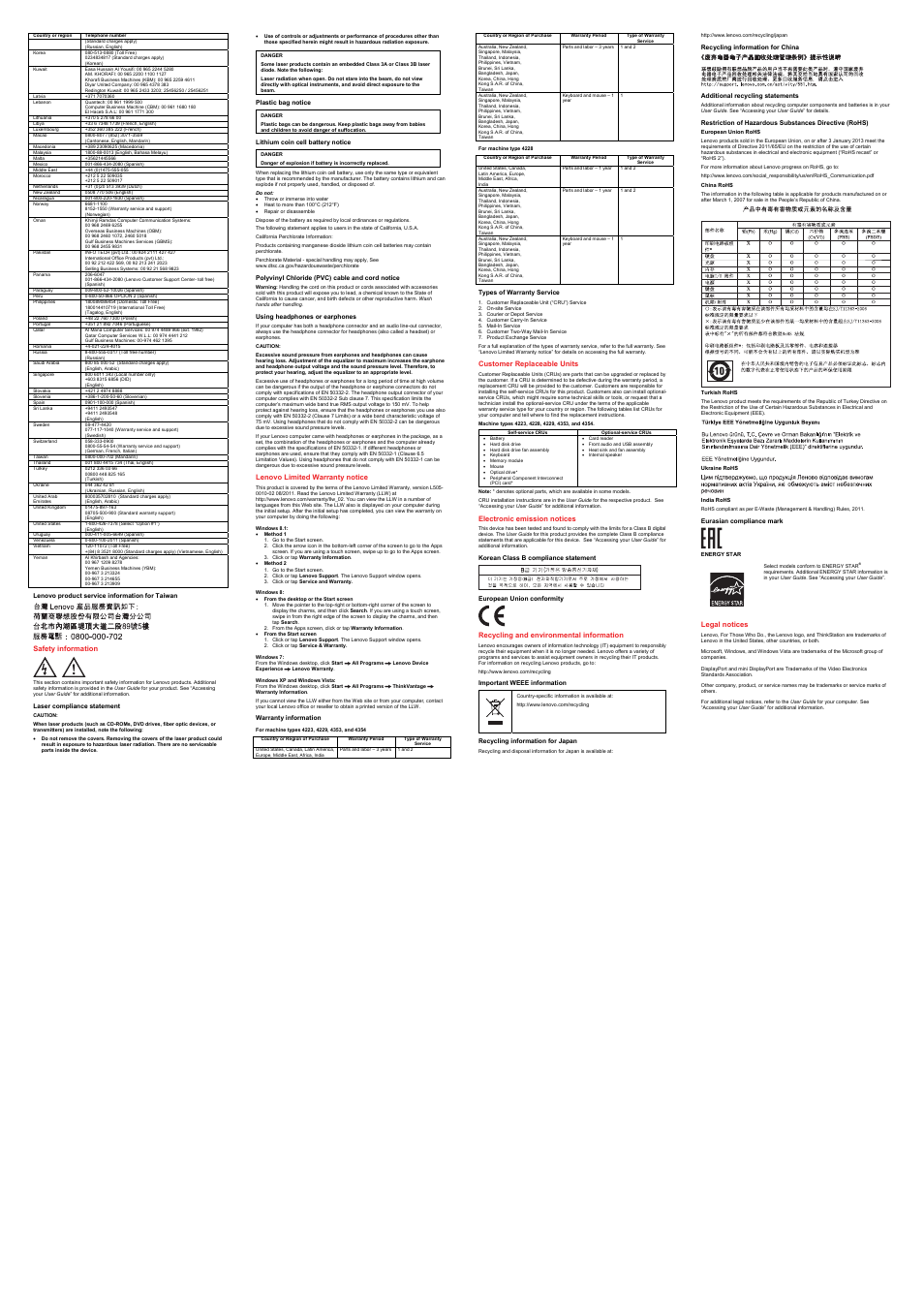 Lenovo product service information for taiwan, Safety information, Lithium coin cell battery notice | 8bwarranty information, For machine types 4223, 4229, 4353, and 4354, For machine type 4228, Korean class b compliance statement, European union conformity, Important weee information, Recycling information for china | Lenovo ThinkStation D30 User Manual | Page 2 / 2