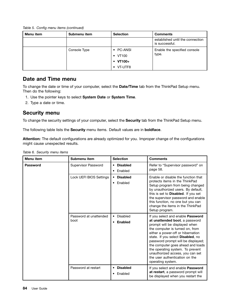 Date and time menu, Security menu | Lenovo ThinkPad Yoga User Manual | Page 100 / 152