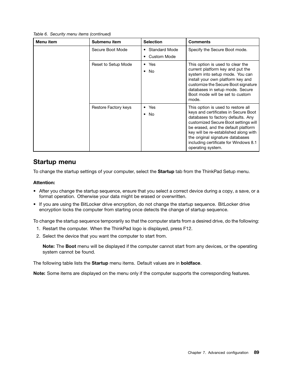 Startup menu | Lenovo ThinkPad Yoga User Manual | Page 105 / 152