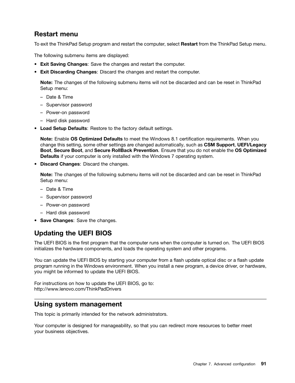 Restart menu, Updating the uefi bios, Using system management | Lenovo ThinkPad Yoga User Manual | Page 107 / 152