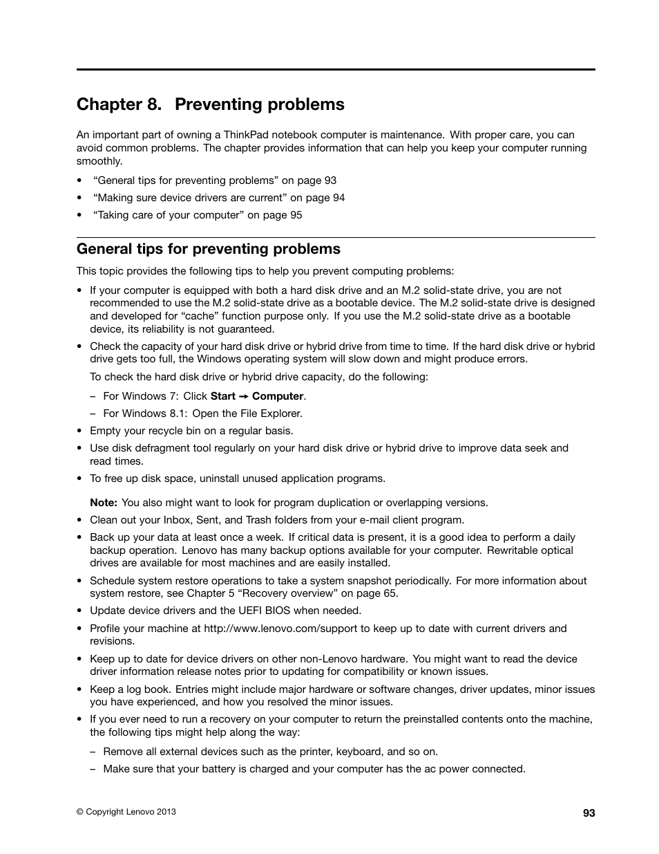 Chapter 8. preventing problems, General tips for preventing problems | Lenovo ThinkPad Yoga User Manual | Page 109 / 152