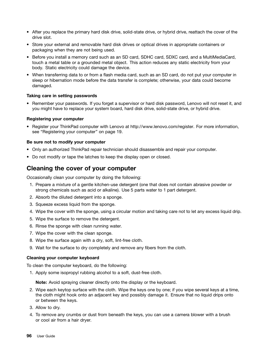 Cleaning the cover of your computer | Lenovo ThinkPad Yoga User Manual | Page 112 / 152