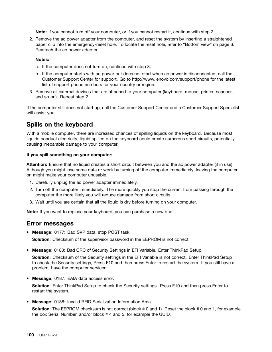 Spills on the keyboard, Error messages | Lenovo ThinkPad Yoga User Manual | Page 116 / 152