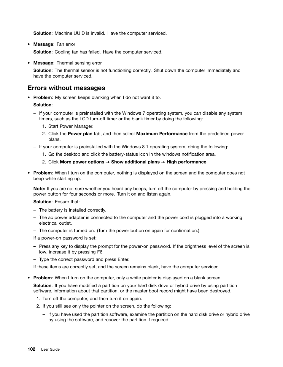 Errors without messages | Lenovo ThinkPad Yoga User Manual | Page 118 / 152