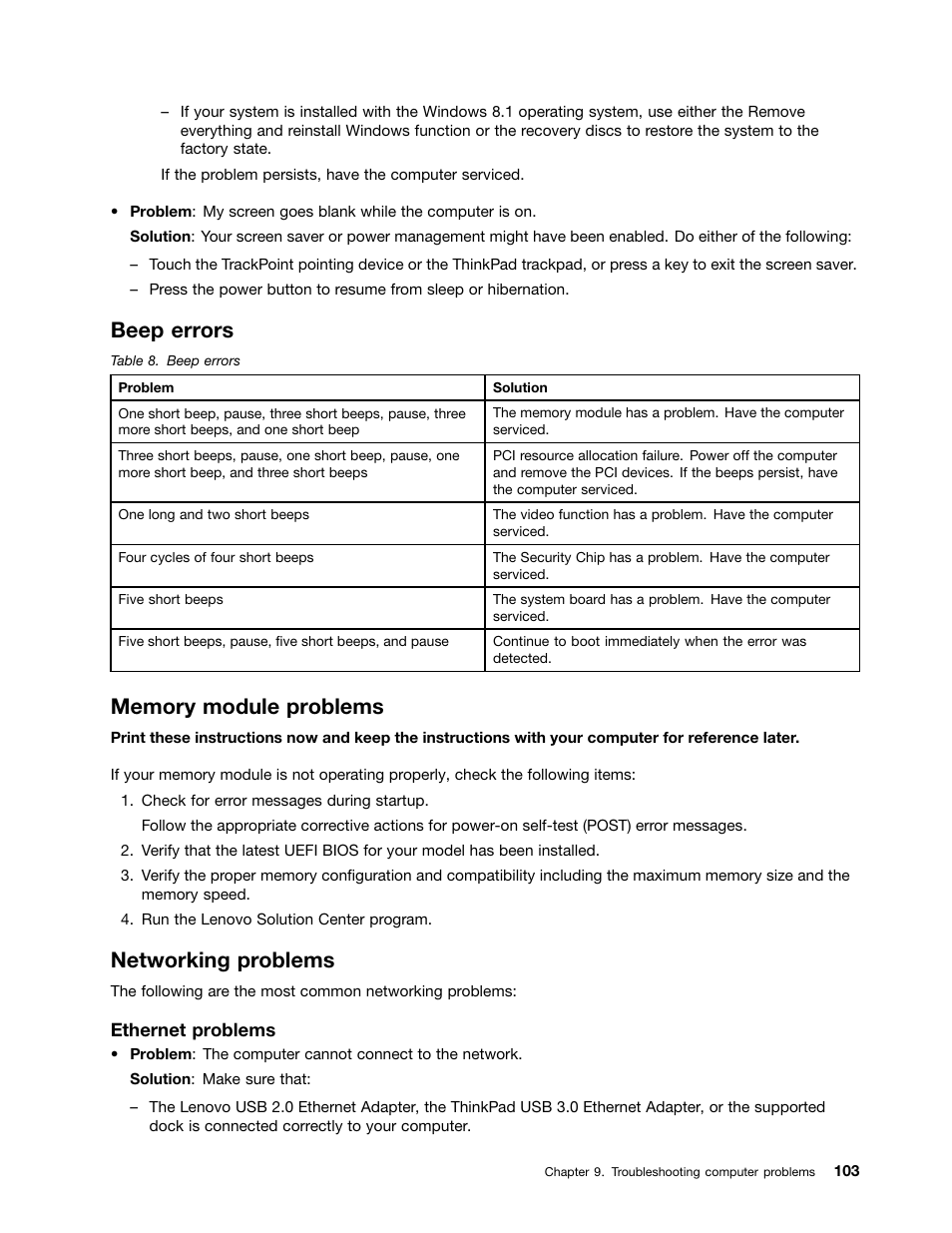 Beep errors, Memory module problems, Networking problems | Lenovo ThinkPad Yoga User Manual | Page 119 / 152