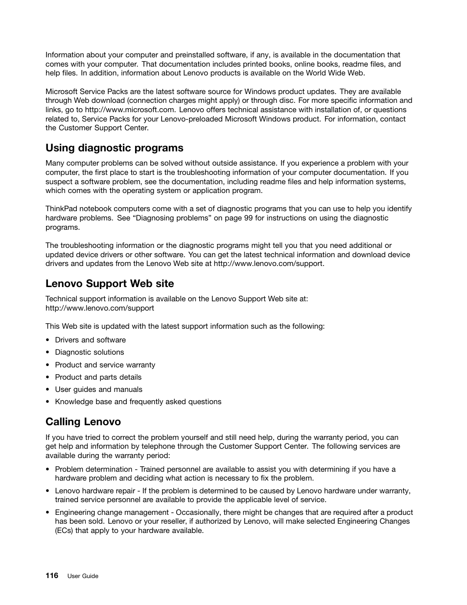 Using diagnostic programs, Lenovo support web site, Calling lenovo | Lenovo ThinkPad Yoga User Manual | Page 132 / 152