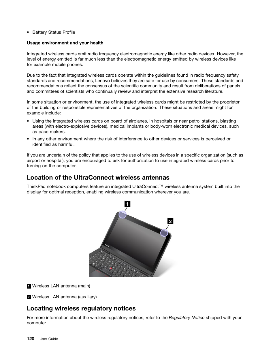 Location of the ultraconnect wireless antennas, Locating wireless regulatory notices | Lenovo ThinkPad Yoga User Manual | Page 136 / 152