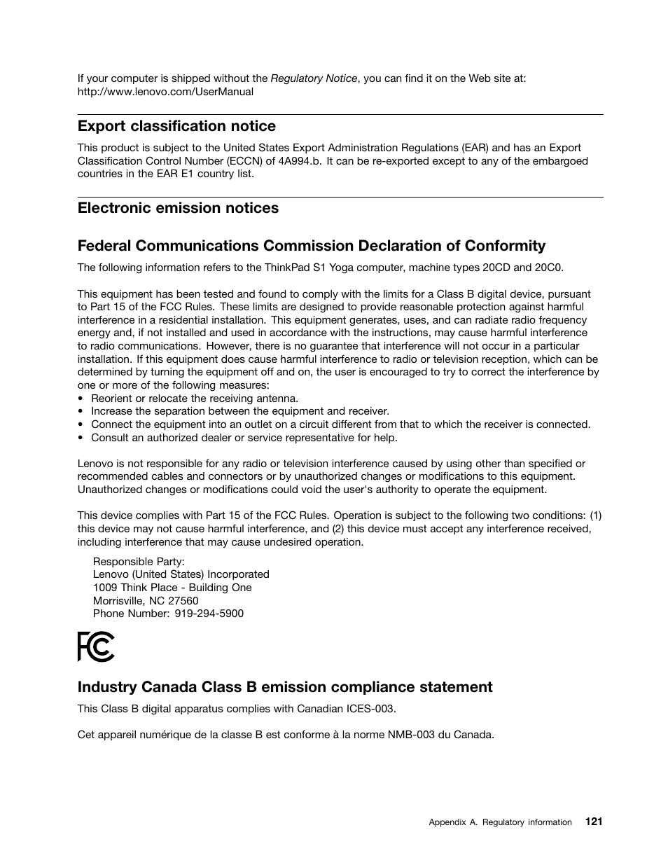 Export classification notice, Electronic emission notices | Lenovo ThinkPad Yoga User Manual | Page 137 / 152