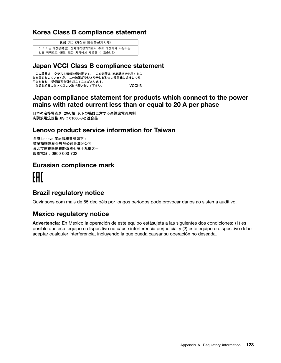 Korea class b compliance statement, Japan vcci class b compliance statement, Lenovo product service information for taiwan | Eurasian compliance mark, Brazil regulatory notice, Mexico regulatory notice | Lenovo ThinkPad Yoga User Manual | Page 139 / 152