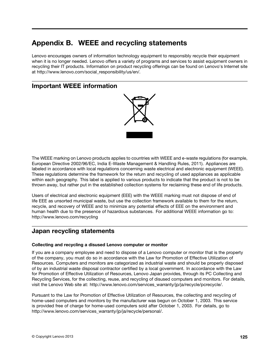 Appendix b. weee and recycling statements, Important weee information, Japan recycling statements | Lenovo ThinkPad Yoga User Manual | Page 141 / 152