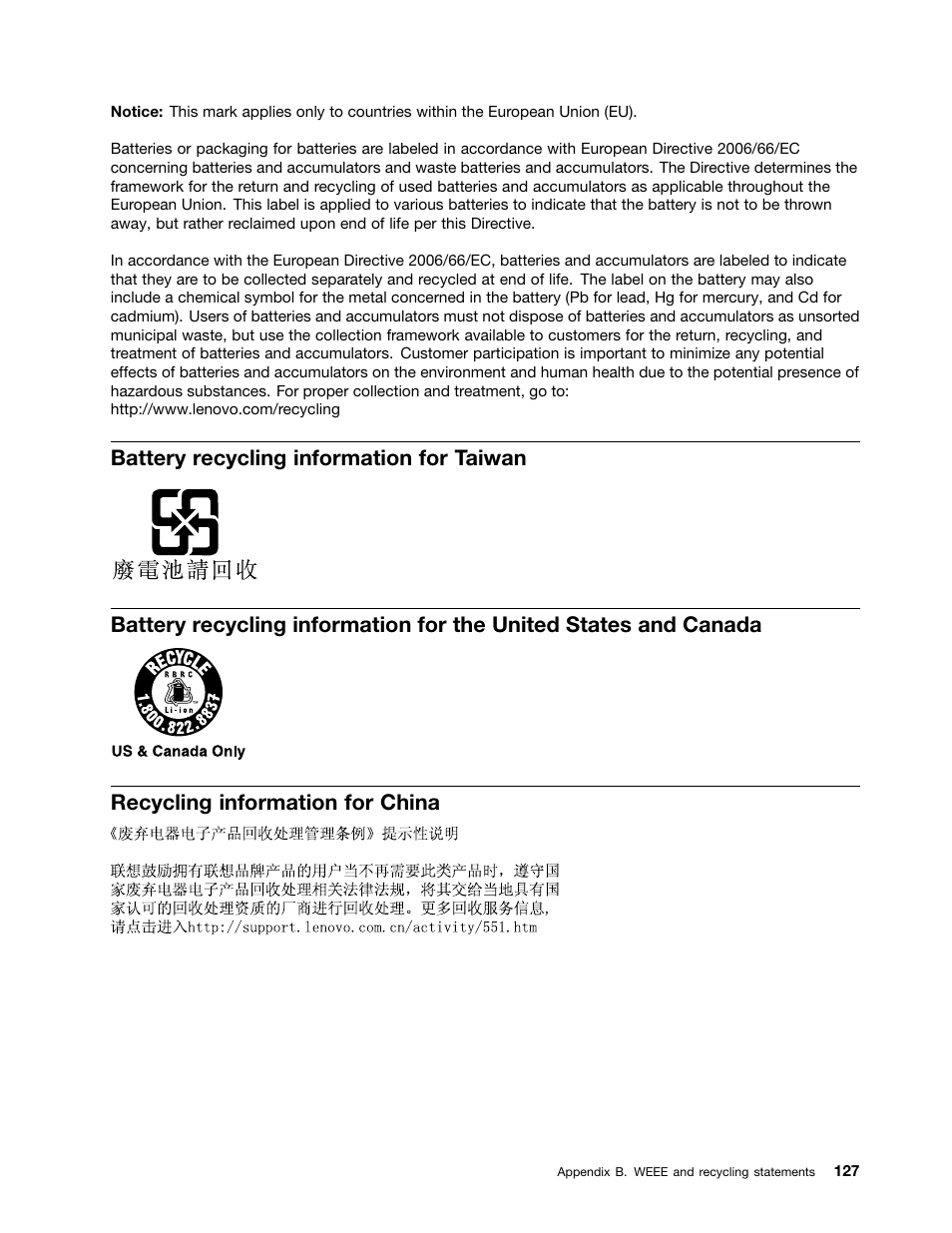 Battery recycling information for taiwan, Recycling information for china | Lenovo ThinkPad Yoga User Manual | Page 143 / 152