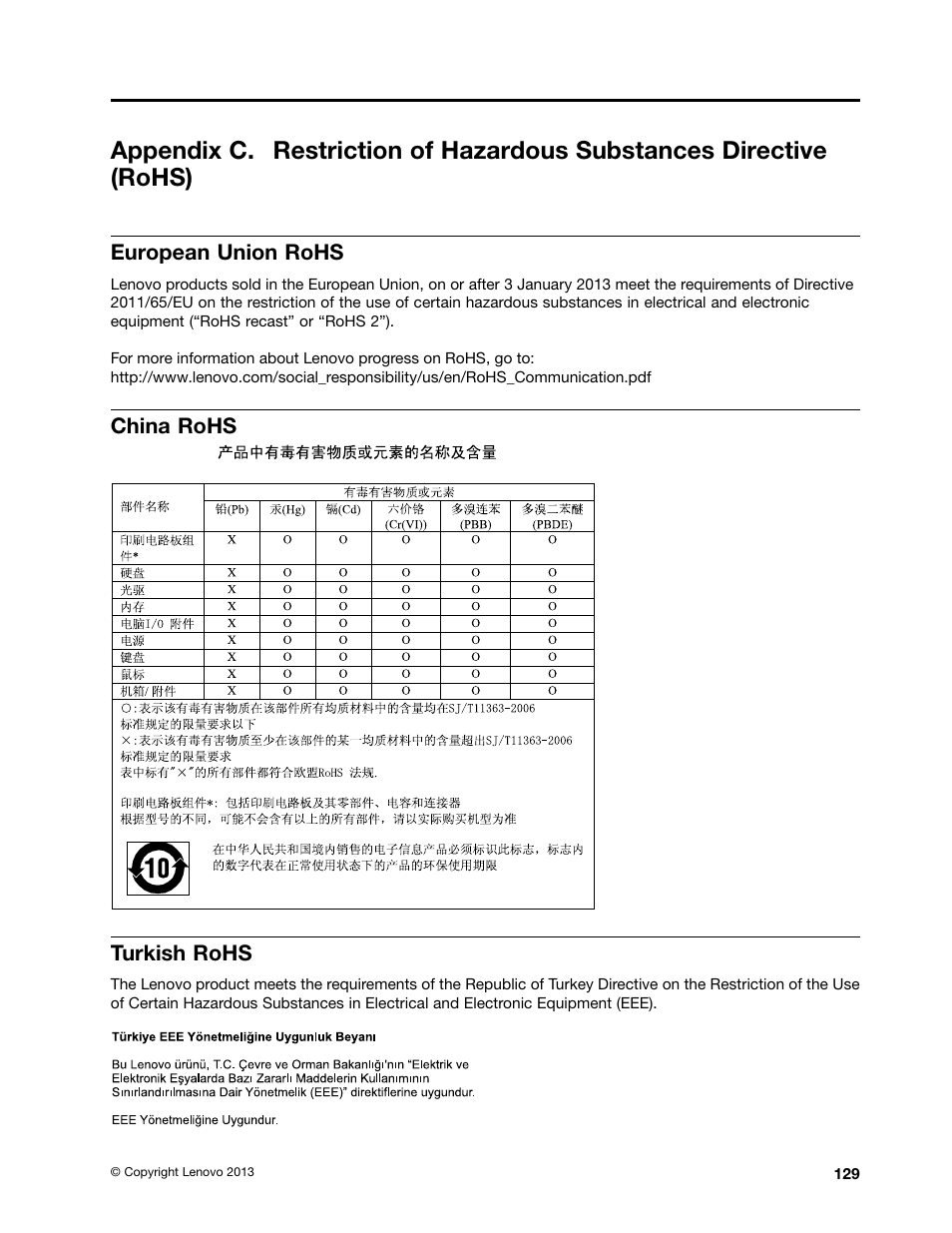 European union rohs, China rohs, Turkish rohs | Lenovo ThinkPad Yoga User Manual | Page 145 / 152