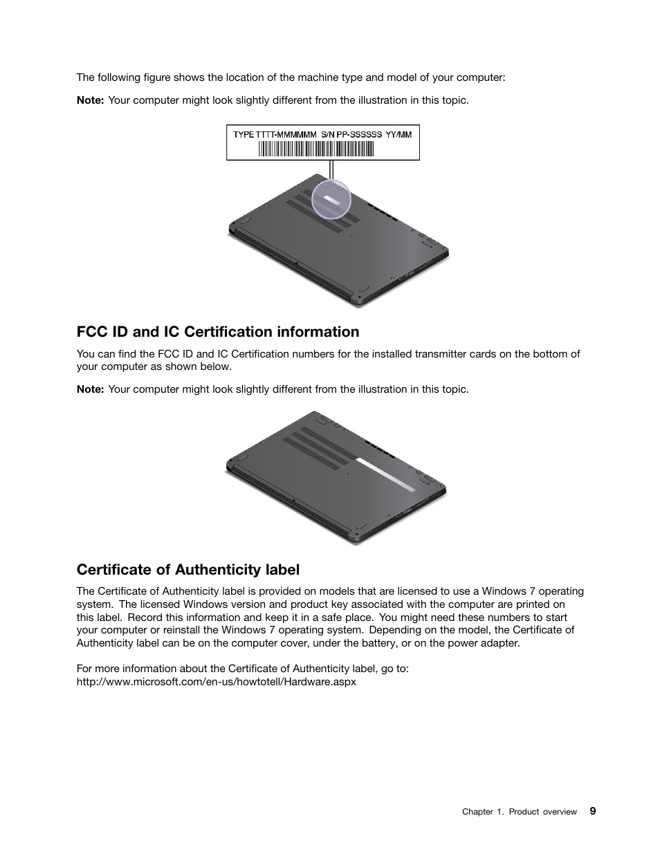 Fcc id and ic certification information, Certificate of authenticity label | Lenovo ThinkPad Yoga User Manual | Page 25 / 152