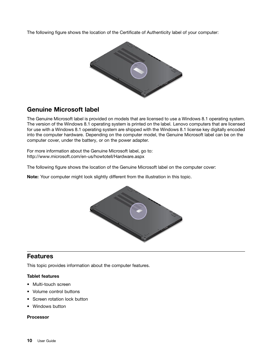 Genuine microsoft label, Features | Lenovo ThinkPad Yoga User Manual | Page 26 / 152