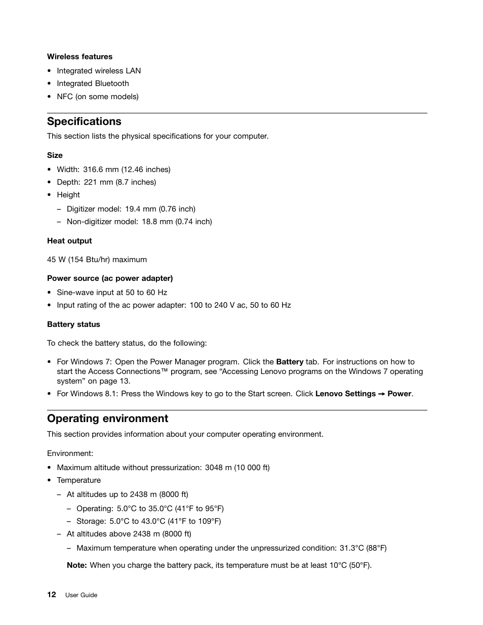 Specifications, Operating environment | Lenovo ThinkPad Yoga User Manual | Page 28 / 152