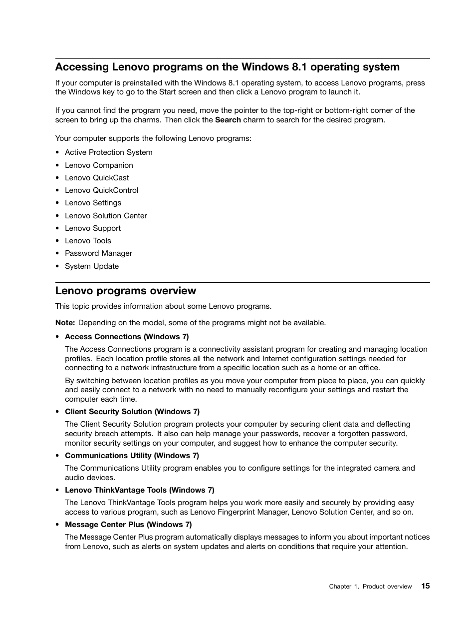 Lenovo programs overview | Lenovo ThinkPad Yoga User Manual | Page 31 / 152