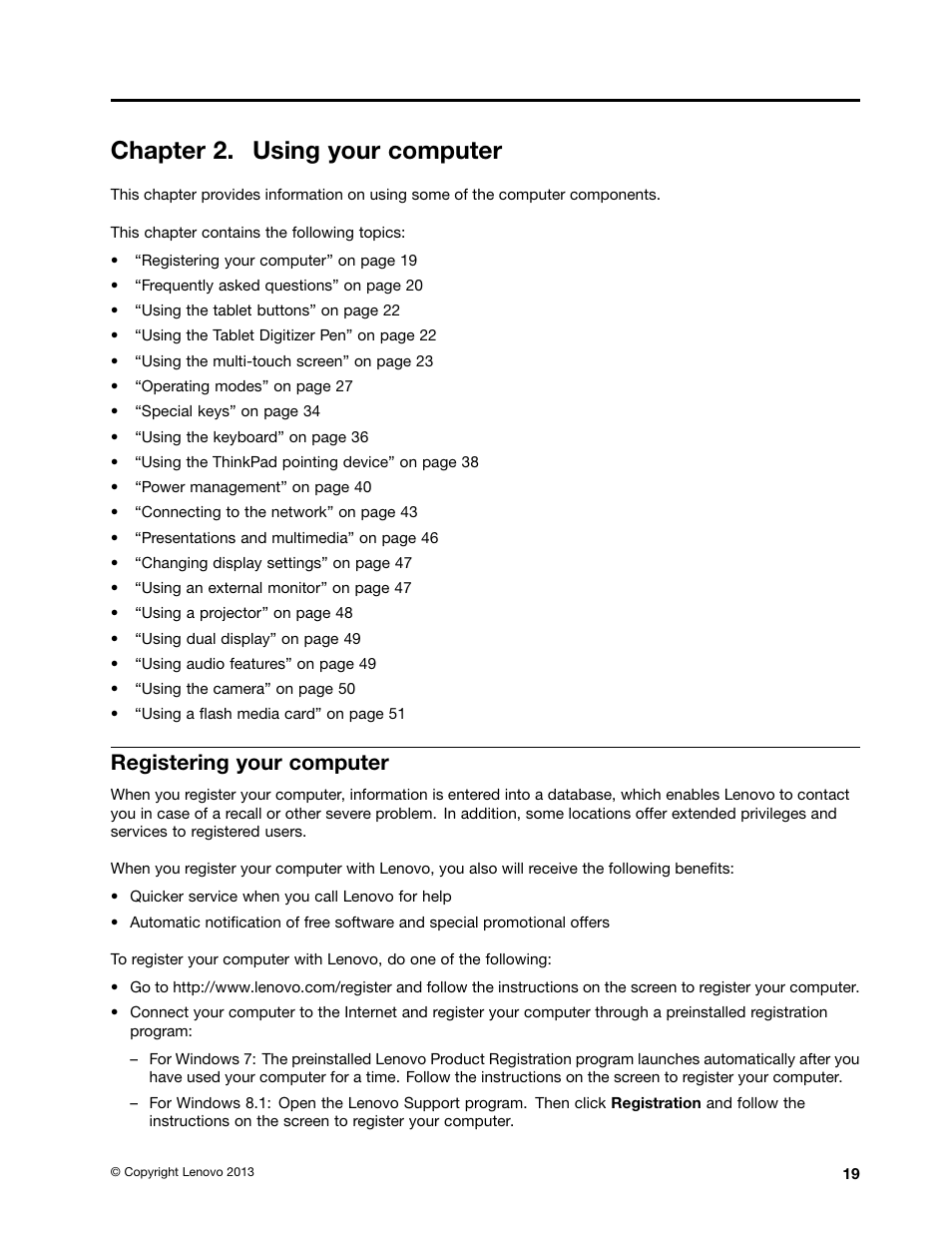 Chapter 2. using your computer, Registering your computer | Lenovo ThinkPad Yoga User Manual | Page 35 / 152