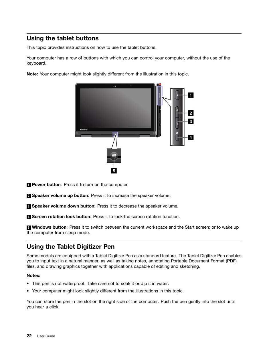 Using the tablet buttons, Using the tablet digitizer pen | Lenovo ThinkPad Yoga User Manual | Page 38 / 152