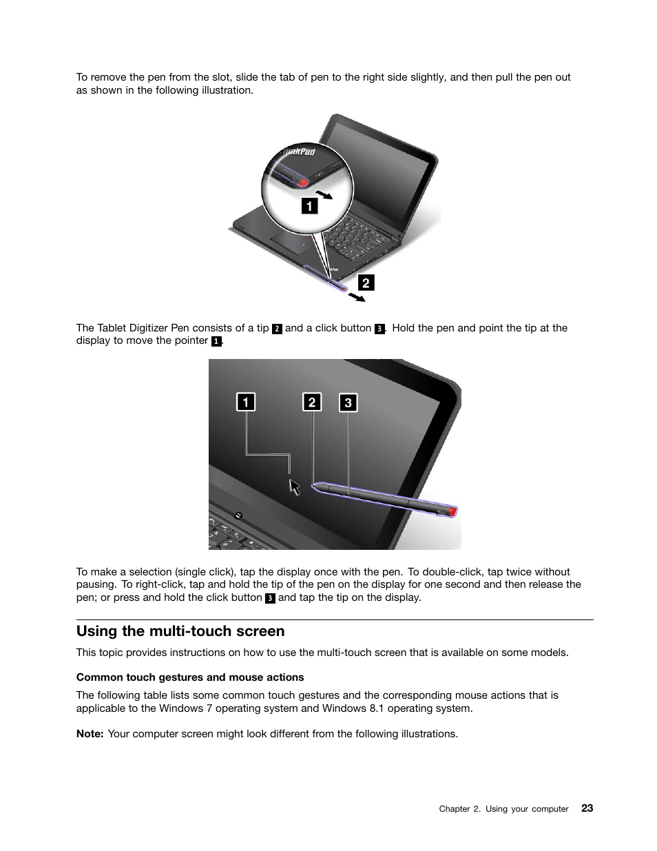 Using the multi-touch screen | Lenovo ThinkPad Yoga User Manual | Page 39 / 152