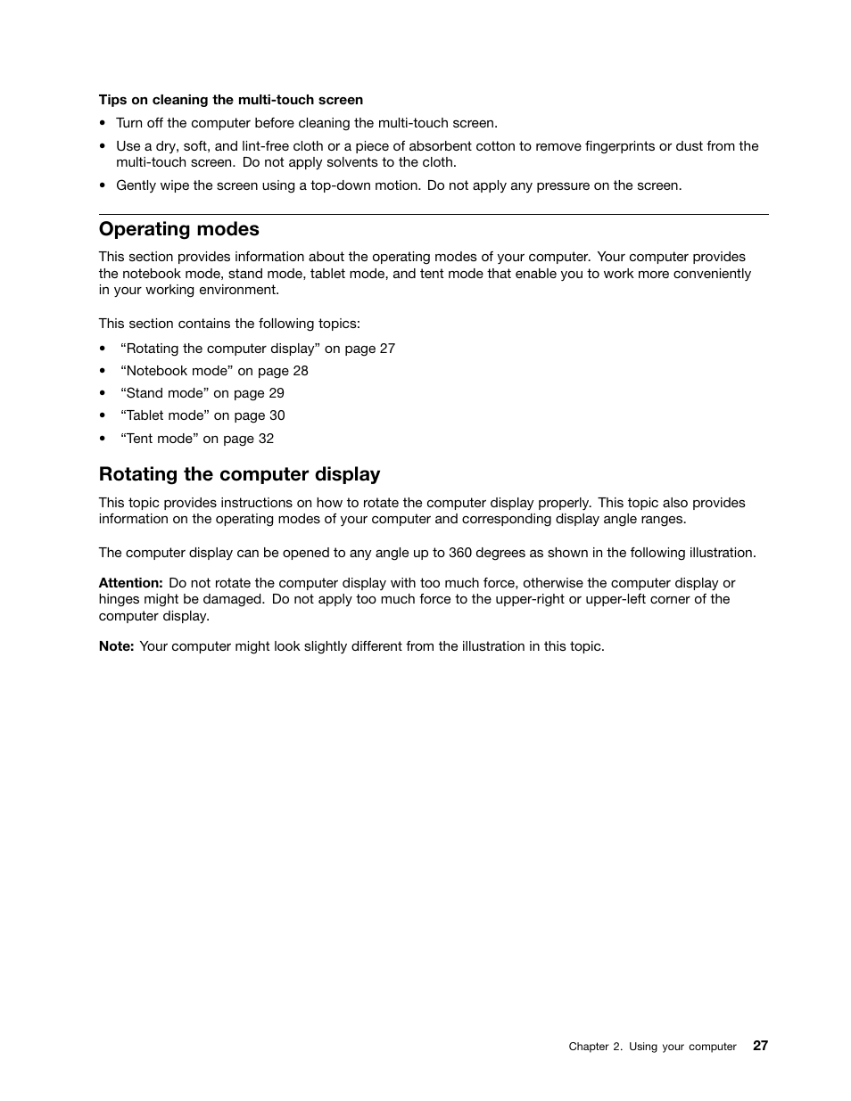 Operating modes, Rotating the computer display | Lenovo ThinkPad Yoga User Manual | Page 43 / 152