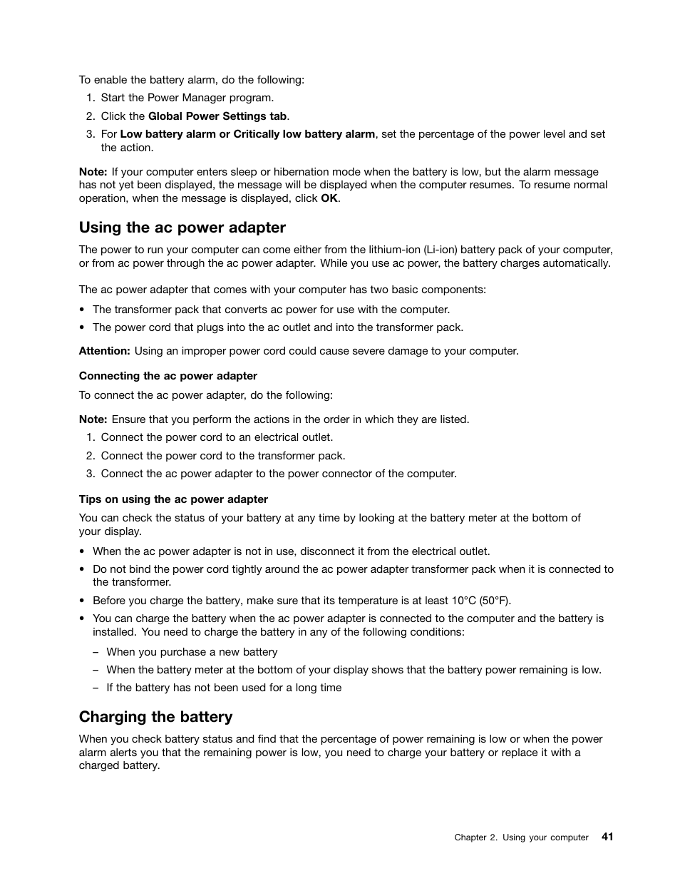 Using the ac power adapter, Charging the battery | Lenovo ThinkPad Yoga User Manual | Page 57 / 152