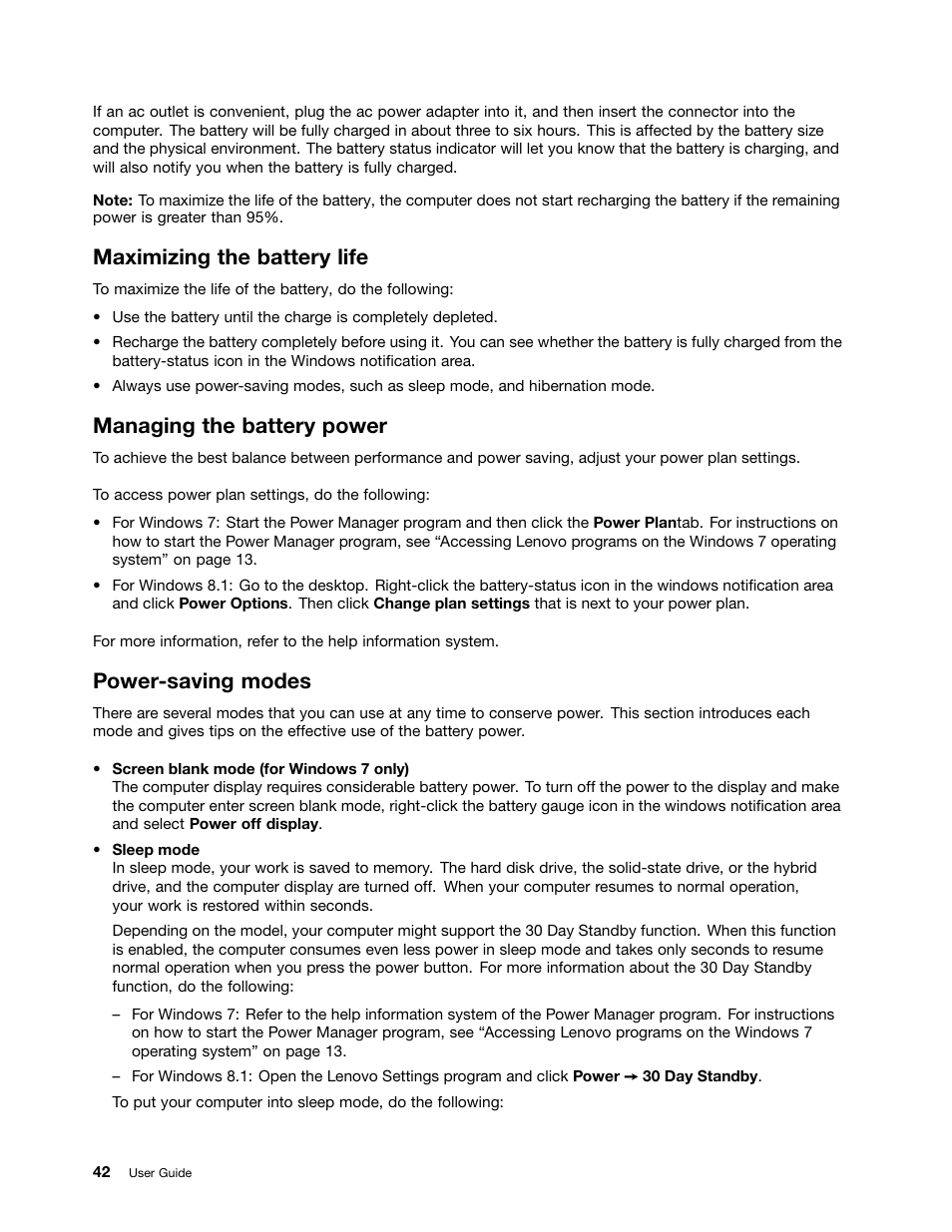 Maximizing the battery life, Managing the battery power, Power-saving modes | Power-saving | Lenovo ThinkPad Yoga User Manual | Page 58 / 152